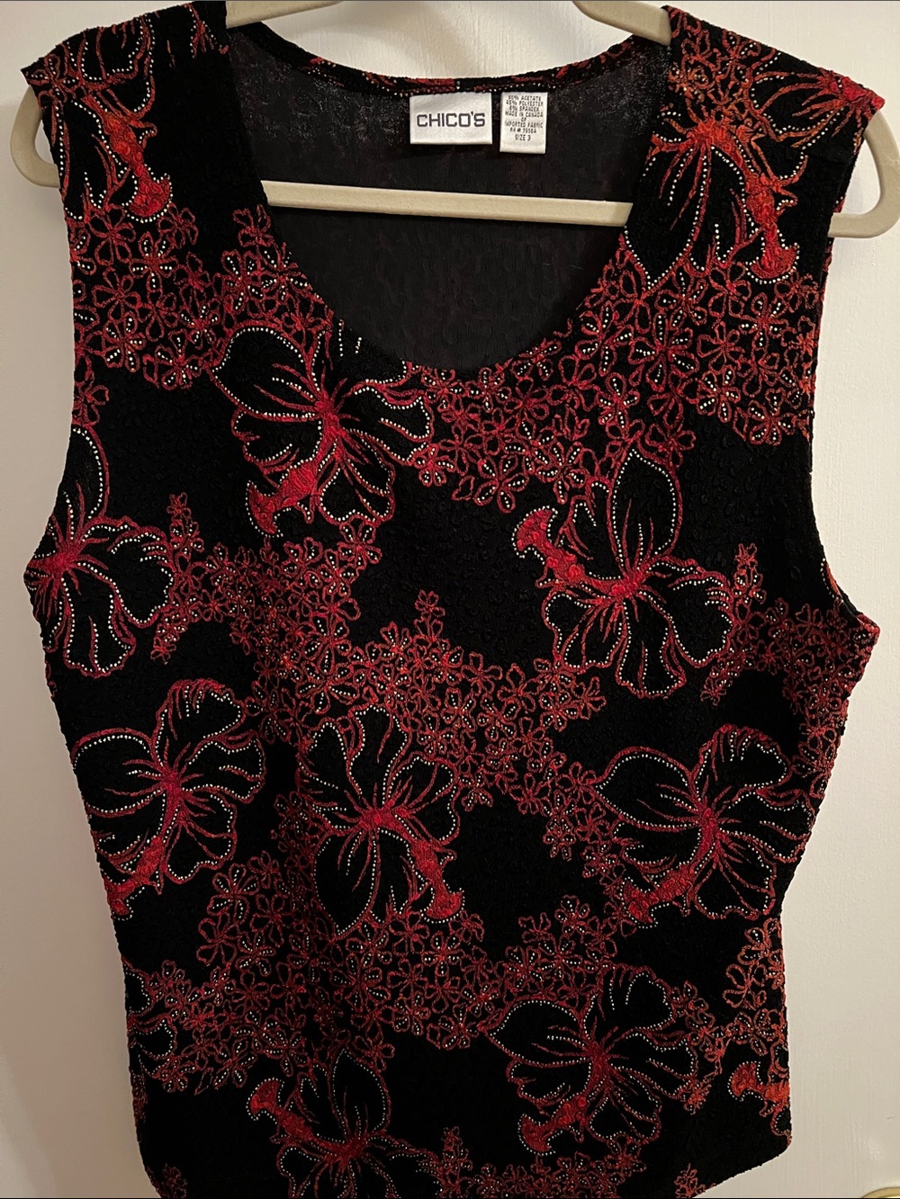 Chico's Black Tank with Red Floral Embroidery